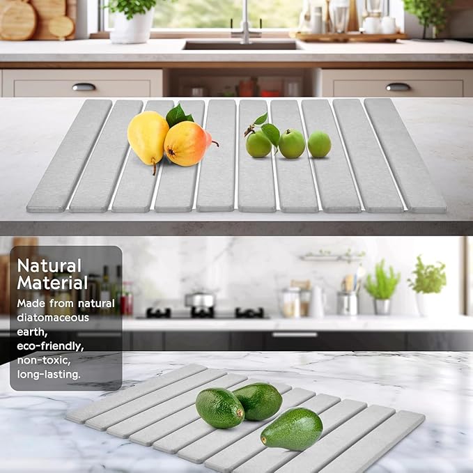 Large Stone Dish Drying Mat for Kitchen Counter, 24"(L)×16"(W) Quick Dry Stone Dishes Mats, Foldable Eco-Friendly Absorbent Diatomaceous Earth Mat for Dishes Bottles Cups, DarkGray