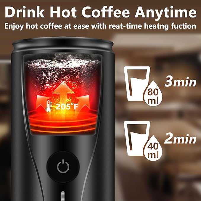 Black Fast 3-Minute Portable Espresso Maker - Self-Heating Rich Espresso Anywhere with Included Travel Case Works with Capsules & Ground Coffee - Includes Travel Case Perfect for Travel, Camping