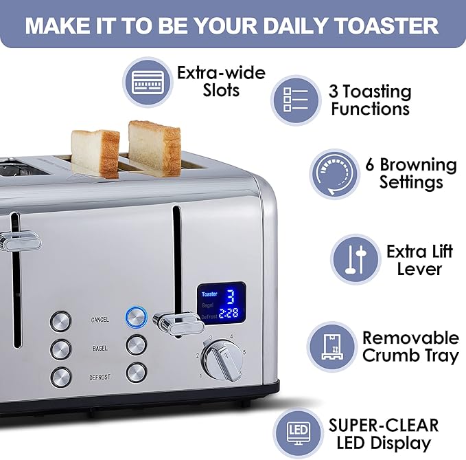 CUSIMAX 4 Slice Toaster, Ultra-Clear LED Display & Extra Wide Slots, Dual Control Panels of 6 Shade Settings, Cancel/Bagel/Defrost Function, Removable Crumb Trays, Stainless Steel Toaster