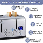 CUSIMAX 4 Slice Toaster, Ultra-Clear LED Display & Extra Wide Slots, Dual Control Panels of 6 Shade Settings, Cancel/Bagel/Defrost Function, Removable Crumb Trays, Stainless Steel Toaster