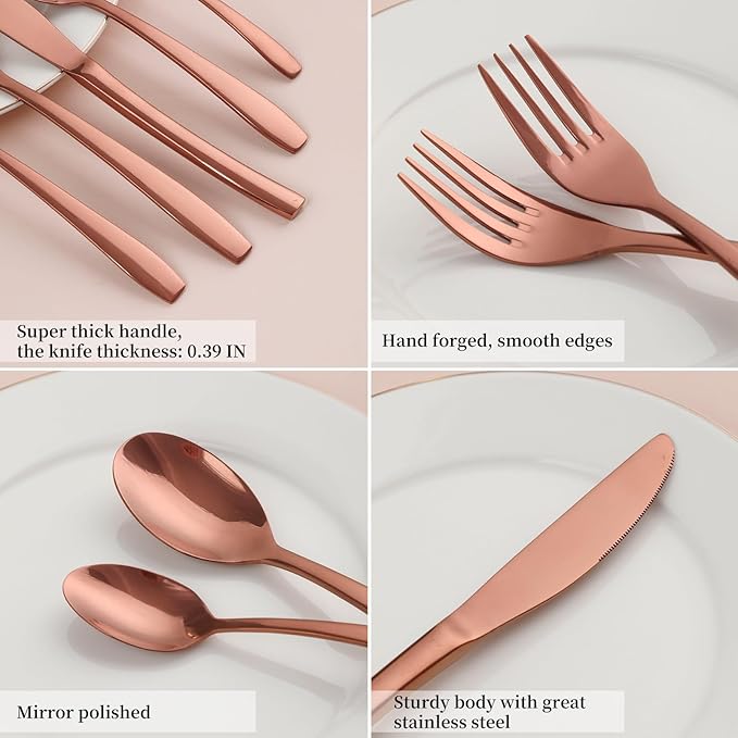 Rosegold 40 Piece Silverware Set,Stainless Steel Flatware Set for 8,18/0 Rust-Proof Cutlery Set with Forks & Spoons,Mirror Polished Dishwasher Safe - Heavy Duty Tableware for Home & Dining