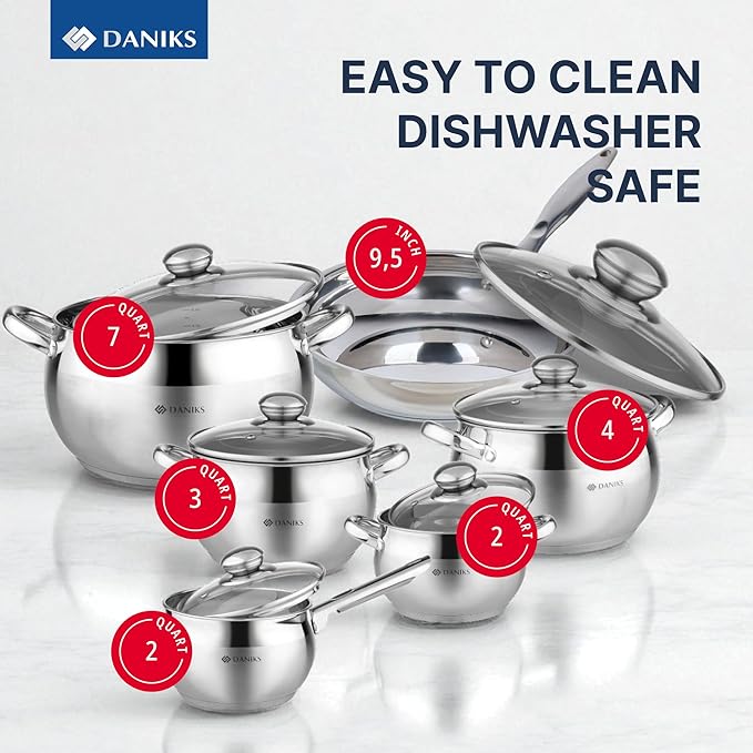 Daniks Classic 12-Piece Stainless Steel Cookware Set with Glass Lids, Includes Saucepan and Frying Pan with Lid, Tri-Ply Bases for Even Heating, Induction Compatible, Dishwasher Safe