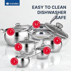 Daniks Classic 12-Piece Stainless Steel Cookware Set with Glass Lids, Includes Saucepan and Frying Pan with Lid, Tri-Ply Bases for Even Heating, Induction Compatible, Dishwasher Safe