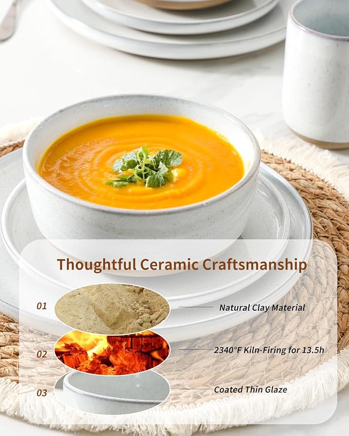 Hasense Plates and Bowls Sets, 18 Pieces Modern Porcelain Dishes Sets Service for 6, Stoneware Dinnerware Sets with Speckled Pattern, Scratch Resistant Microwave and Dishwasher Safe, White