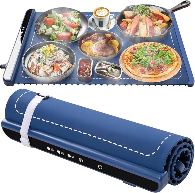 Silicone Electric Warming Tray with 3 Temperature Settings, Rollable Food Warming Mats for Heating，Easy-to-Use Portable Food Warmer for Daily Use - Bright Blue