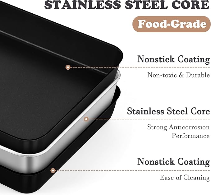 E-far 12.5 x 9.7 Inch Baking Pan with Lid, Nonstick Stainless Steel Rectangle Cake Pan with Cover for Baking Brownies Casseroles Lasagna, Stainless Steel Core & Nonstick Coating, Non-toxic & Oven Safe