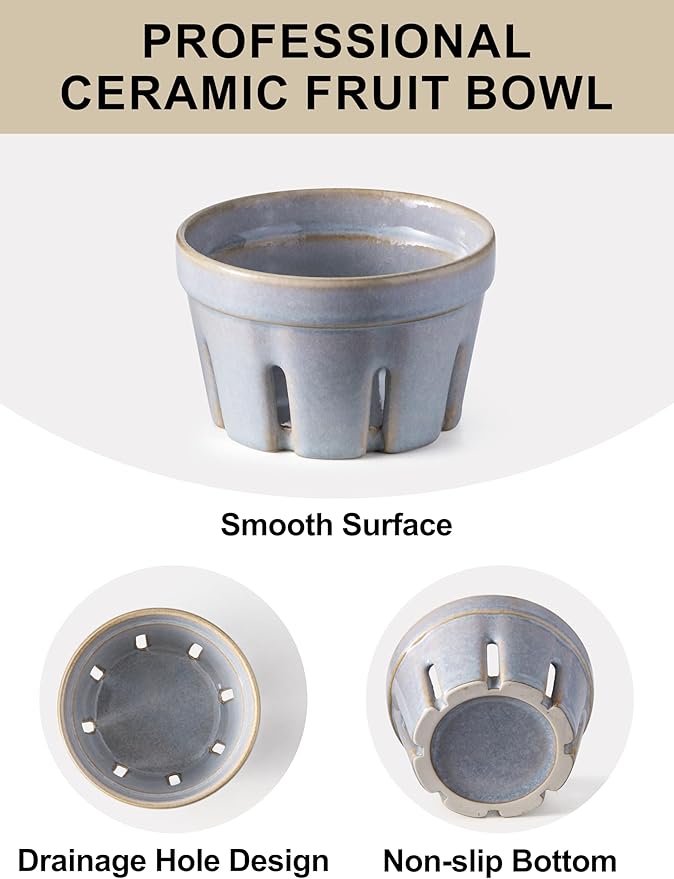 Gomakren Ceramic Berry Basket Set of 2, Round Fruit Bowl with Holes, Fruit Storage Containers for Kitchen, Cute Strawberry Basket for Berries, Grape, Cherry, Gray