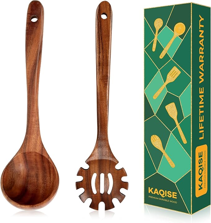 Wooden Spoons for Cooking, 2PCS Natural Teak Wooden Utensils, NonStick Kitchen Utensils Set for Stirring,Serving Spaghetti, Soup, Sauce (Ladle & Pasta Fork)