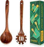 Wooden Spoons for Cooking, 2PCS Natural Teak Wooden Utensils, NonStick Kitchen Utensils Set for Stirring,Serving Spaghetti, Soup, Sauce (Ladle & Pasta Fork)
