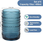 Vintage Glassware Drinking Glasses Set of 6,15 oz Hobnail Glass Cups,Embossed Blue Water Tumbler,for Beer,Cocktail,Whiskey,Juice and Various Mixed Drinks- 1 Cleaning Brush