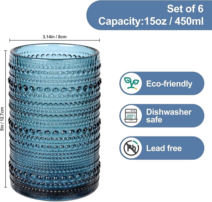 Vintage Glassware Drinking Glasses Set of 6,15 oz Hobnail Glass Cups,Embossed Blue Water Tumbler,for Beer,Cocktail,Whiskey,Juice and Various Mixed Drinks- 1 Cleaning Brush