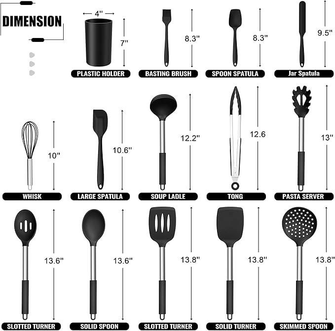 E-far 14 Pieces Silicone Cooking Utensils Set, Kitchen Utensils Set with Holder, Spatula, Ladle, Spoon, Tong, Slotted Turner for Nonstick Cookware, Heat Resistant & Stainless Steel Handle, Black