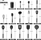 E-far 14 Pieces Silicone Cooking Utensils Set, Kitchen Utensils Set with Holder, Spatula, Ladle, Spoon, Tong, Slotted Turner for Nonstick Cookware, Heat Resistant & Stainless Steel Handle, Black