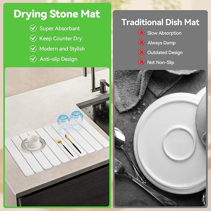 Large Stone Dish Drying Mat for Kitchen Counter, Quick Dry Stone Bath Mats for Bathroom, Foldable Ultra Absorbent Diatomaceous Earth Mat for Dishes Bottles Cups, Match Any Countertop, 23.23'' x 15.4''
