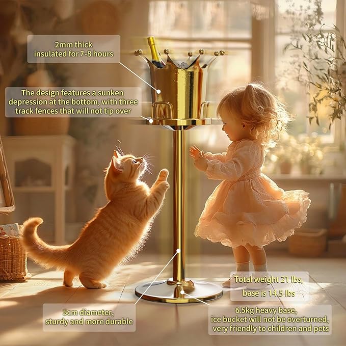 Royal Ice Bucket with Stand, Gold Ice Bucket,Stainless Steel Light-Luxury Standing Wine Bucket,Crown Design with 8 Steel Balls for Champagne, Wine,Family Gatherings,High-end Banquets,7L