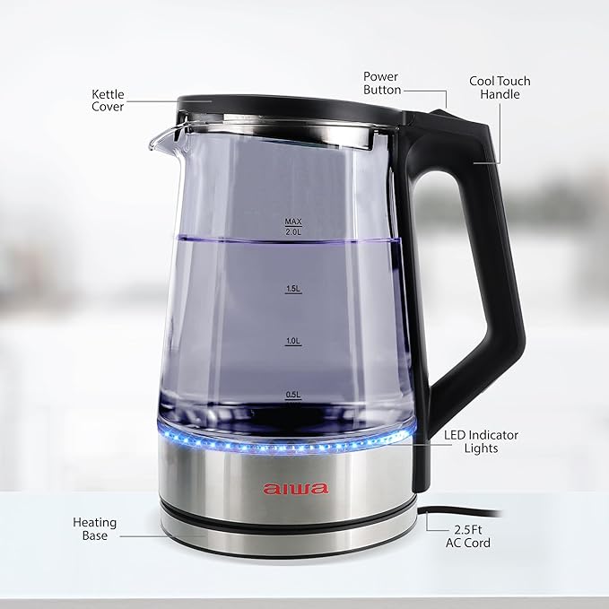 Aiwa 2 Liter Electric Water Kettle, 8.4 Cups Fast Hot Water Boiler, Glass Tea Kettle, with Blue LED Interior, Cordless Serving, Auto-Shutoff & Boil-Dry Protection, Black