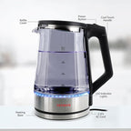 Aiwa 2 Liter Electric Water Kettle, 8.4 Cups Fast Hot Water Boiler, Glass Tea Kettle, with Blue LED Interior, Cordless Serving, Auto-Shutoff & Boil-Dry Protection, Black