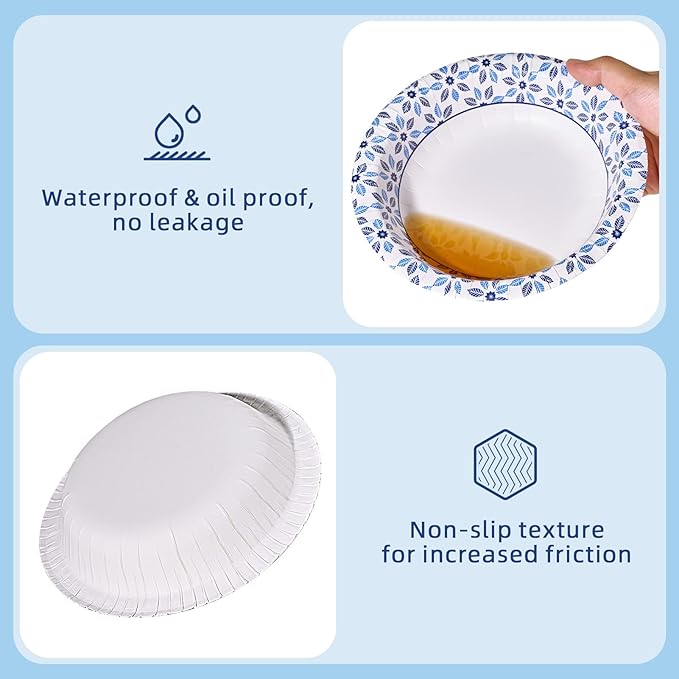 JOLLY CHEF 160 Count Paper Bowls 20 oz Soak Proof, Heavy Duty Printed Disposable Bowls Bulk for Dinner or Lunch