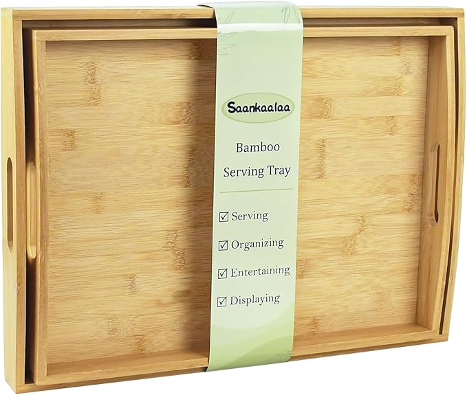 Bamboo Serving Tray with Handles Set of 2, Elegant Wood Tray for Serving Food, Coffee, or Decoration- Suitable for Living Room, Kitchen, Bedroom, Bathroom and BBQ, Picnic