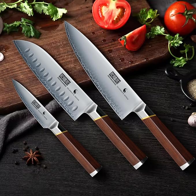 3 Pieces Knife Set, Ultra-Sharp Japanese Super Steel Kithen Knives Set, Professional Chef Knife Set with Ergonomic Wooden Handle & Gift Box