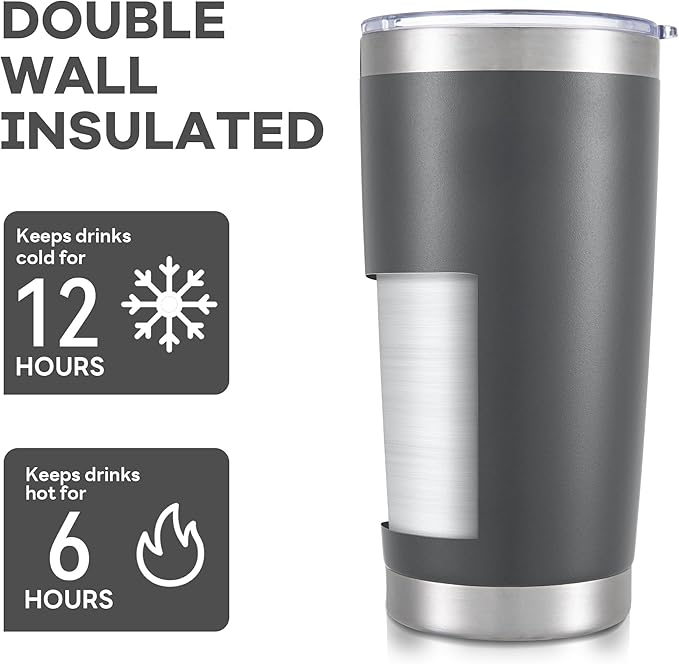 20 oz Tumbler with Lid Stainless Steel Insulated Tumblers Bulk Double Wall Vacuum Cups Powder Coated Travel Mug Keep Drink Cold and Hot, Grey, 8 Pack
