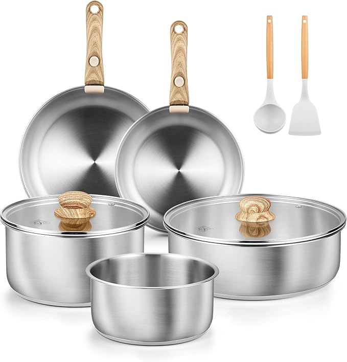 KOCH SYSTEME CS Stainless Steel Cookware Set, 18/10 Stainless Steel Pots and Pans Set 11PCS, Detachable Handle Pots and Pans for Easy Storage, Removable Handle Cooking Set, Induction Compatible