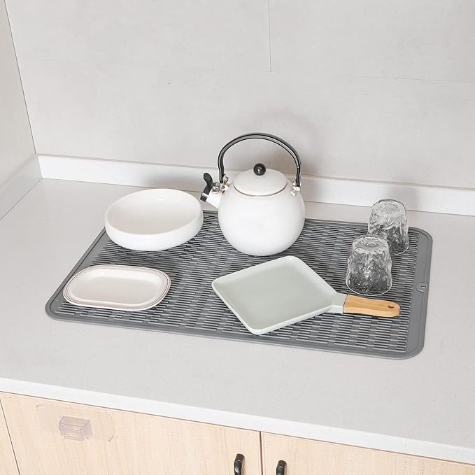 Silicone Dish Drying Mat for Multiple Usage,Easy clean,Eco-friendly,Heat-resistant Silicone Mat for Kitchen Counter or Sink,Refrigerator or Drawer Liner Grey 3XL 28 inches x 18 inches