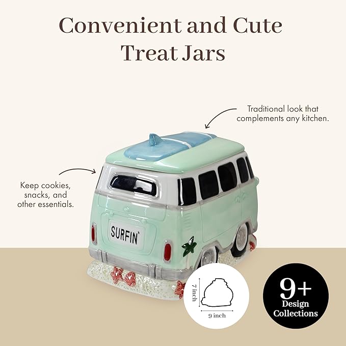 Young's Inc. Ceramic Cookie Jar - Cute Kitchen Counter Storage Canister with Lid - Perfect for Cookies, Coffee, Tea, Candy, Dog Treats, and More - Camper Van - Green, White, Blue