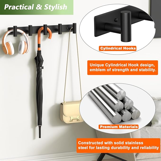Wall Mounted Coat Rack-5 Hooks, Heavy Duty Stainless Steel Hook Rail for Towel Coat Hat Purse Bag Jacket, Towel Hooks for Entryway Bathroom Kitchen (Black 5 Hooks - 1 Pack)