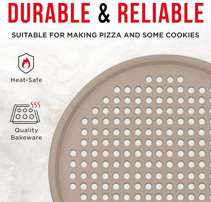 Non-Stick Pizza Pan 2 Pack, 13 Inch Round Carbon Steel Pizza Tray with Perforated Holes for Crispy Crust, PFOAPFOSPTFE Free, Dishwasher & Oven Safe Up To 450°F, Durable Nonstick White Marble Coating