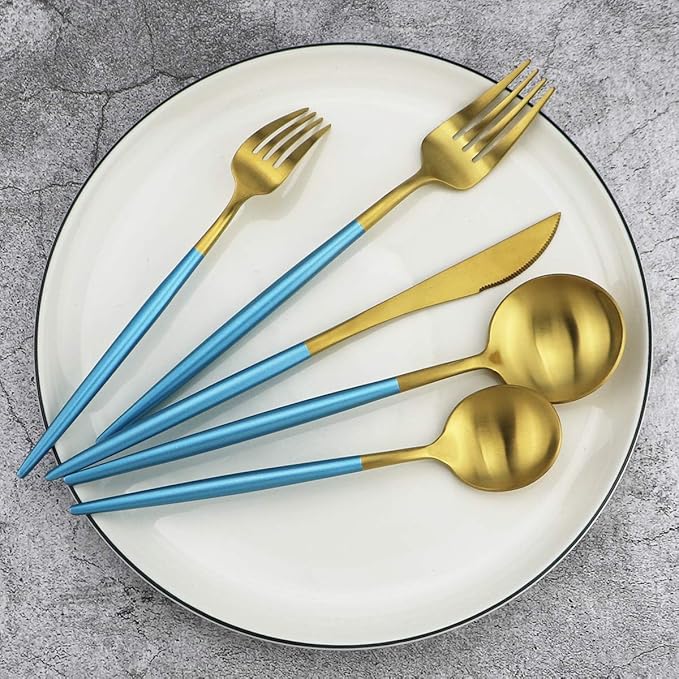 Gugrida Blue Handle Matte Gold Silverware Set - 5-Piece 18/10 Stainless Steel Satin Finish Flatware, Kitchen Utensils, Tableware Travel Cutlery for Camping, Office, School Lunch - Dishwasher Safe