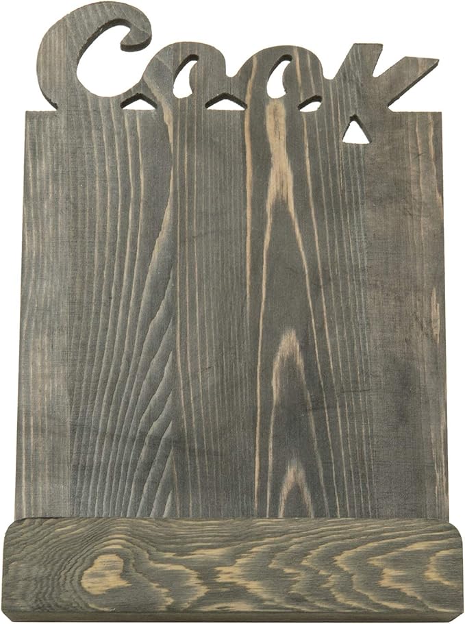 MyGift Solid Wood Countertop Cookbook Holder Tablet Book Stand with Kickstand and Decorative COOK Cutout Letters, Gray
