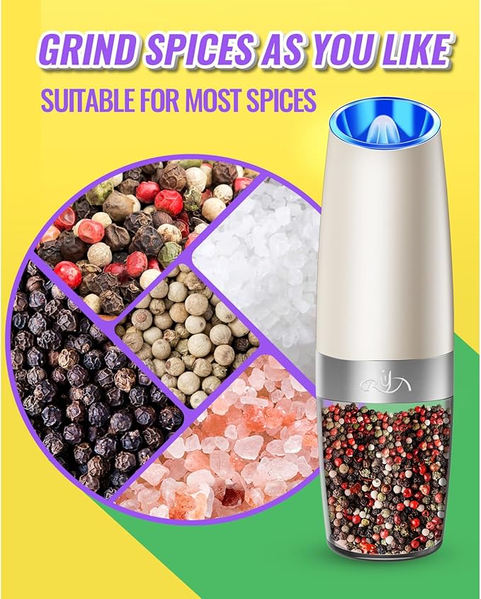 Rongyuxuan Gravity Salt and Pepper Mill Set, Electric Automatic Pepper Grinder Mill Shaker with Battery Powered,Stainless Steel,Blue LED Light,Adjustable Coarseness,One Hand Use,Khaki