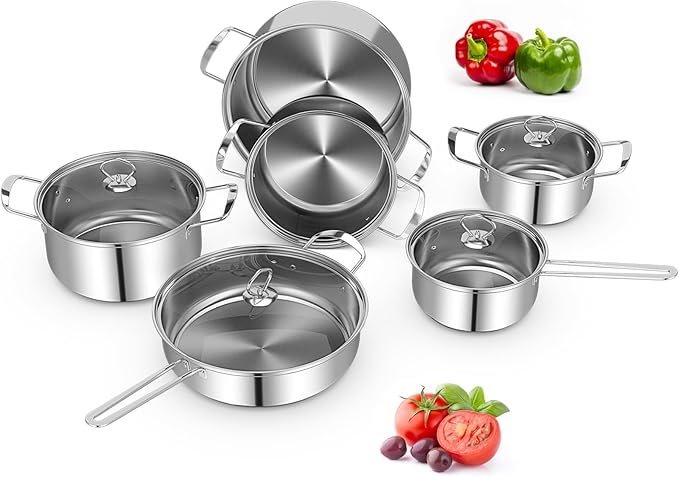 COSTWAY 12 Piece Stainless Steel Cookware Set, Pots and Pans Set with Stock Pot, Frying Pans, Saucepan, 6 Glass Lids, Induction Compatible, Kitchen Cookware Sets for Home, Silver (12 Piece)
