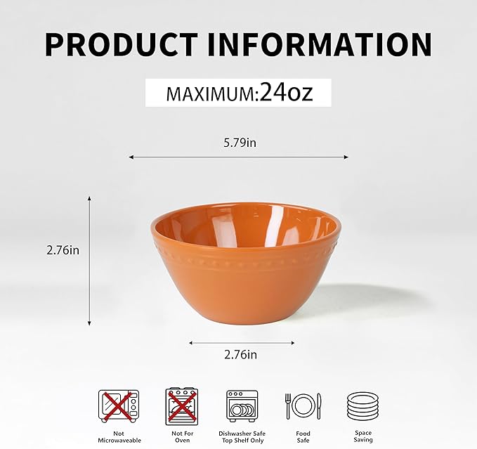 Melamine Beaded Cereal Bowls Set Fall, 6 inch, 24oz All purpose/Soup/Salad Bowls Set of 6, Unbreakable Durable, Dishwasher Safe, BPA Free - Perfect for Soups, Salads, Cereal & Entertaining