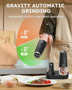 Sangcon 2-Speed Gravity Electric Salt and Pepper Grinder Set RECHARGEABLE, Automatic Salt Pepper Shakers with Charging Base - LED Light One Hand Operated, External Adjustable Coarseness Pepper Mill