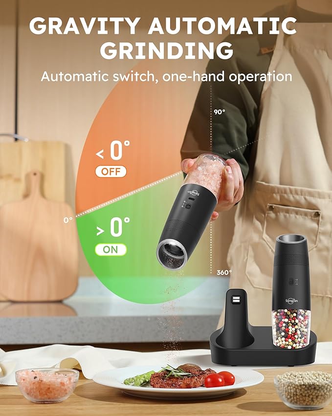 Sangcon 2-Speed Gravity Electric Salt and Pepper Grinder Set RECHARGEABLE, Automatic Salt Pepper Shakers with Charging Base - LED Light One Hand Operated, External Adjustable Coarseness Pepper Mill