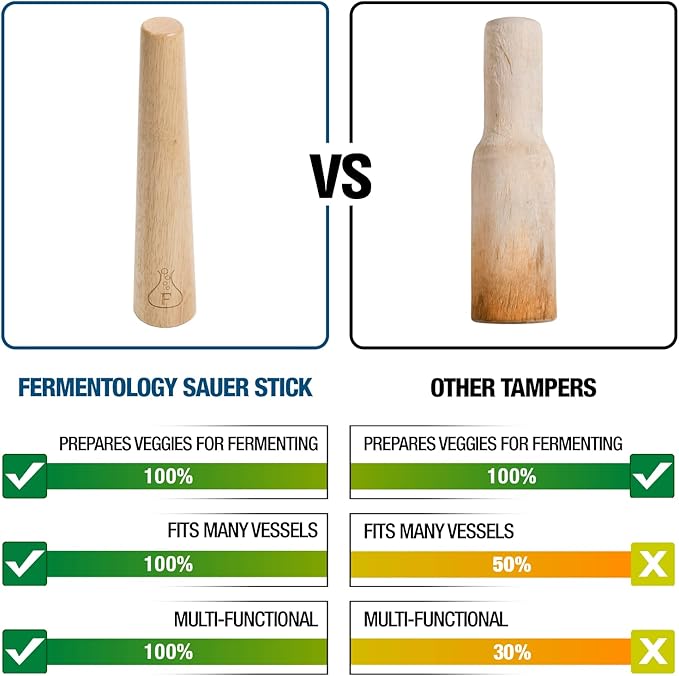 Sauer Stick - Wooden Vegetable Fermentation Tamper - Cabbage Sauerkraut Pounder - Fermenting Food Mashers and Packers