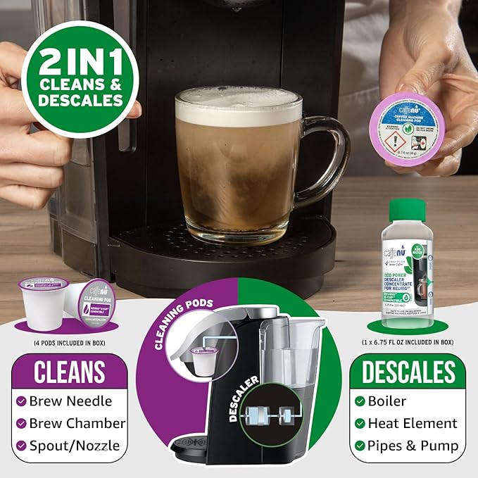 Keurig Compatible Descaling Solution and Keurig Cleaner Pods. Removes Limescale & Cleans Pod Area. Better Tasting & Hotter Coffee. 4 Uses of Descaler & Cleaner.