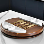 Shanik Upgraded Lazy Susan Cheese Cutting Board Set – Round Acacia Charcuterie Board with 4 Ceramic Bowls, Elegant Appetizer Tray Gift