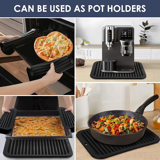 2 Pcs Silicone Trivets Black 16'' X 12'' Nonslip and Heat Resistant Hot Pads Trivets for Hot Pots and Pans Hot Pads for Kitchen(Black)