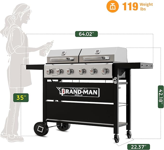 Brand-Man Griddle Grill Combo 6-Burner, 2 in 1 Versatile Propane Gas Grill and Griddle with Double Stainless Steel Lids, BBQ Combo for Outdoor Kitchen & Backyard Barbecue Cooking