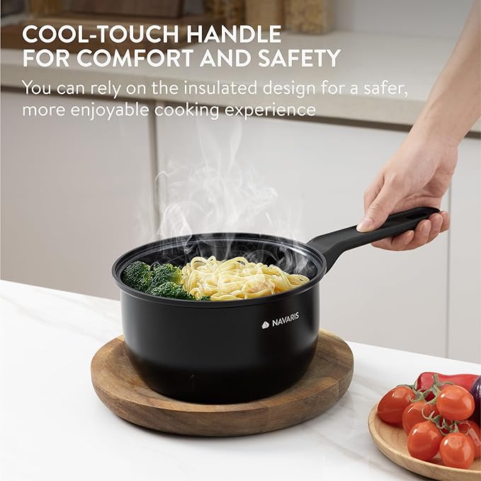 Navaris All in One Frying Pan Set - Ceramic Non Stick Cooking Pan & Small Saucepan with Lid & Stainless Steel Steamer Basket - Cookware Steam Pot & Saucepans - Set of 3