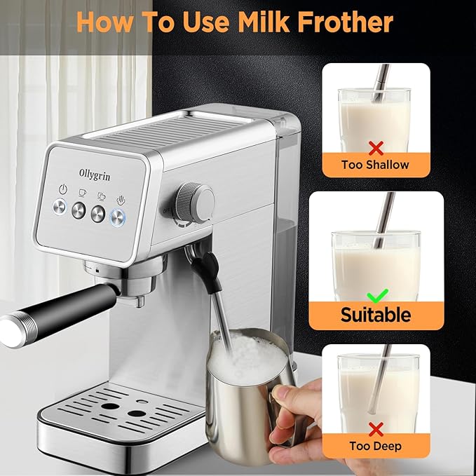 Espresso Machine,20 Bar Semi-Automatic Espresso Maker with Milk Frother,Compact Stainless Steel Coffee Machine with 40oz Removable Water Tank for Cappuccino,Latte, Americano,Sliver for Home