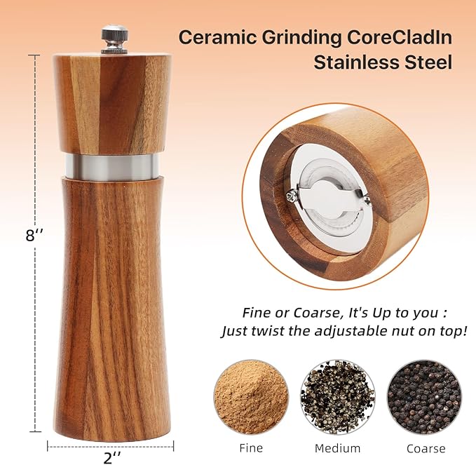 2 Pack Wood Salt and Pepper Grinder Set, Manual Mill, Kitchen Grinder Set, Refillable Salt & Pepper Mills Adjust for Customized Coarseness, 8 Inch Each