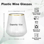 36 Pcs 12 oz Plastic Gold Rim Ribbed Wine Glasses, Reusable Champagne Glasses Elegant Whiskey Glasses Ideal for Weddings, Bars, Christmas, Halloween,Holidays,pool party,Daily Use