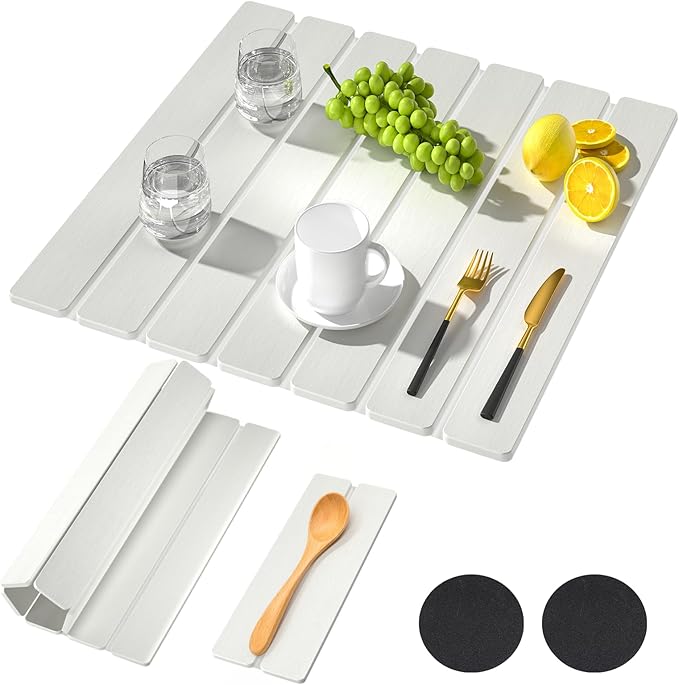 2Pack Stone Dish Drying Mats for Kitchen Counter, Quick Dry Absorbent Diatomite Sink Tray, Foldable Non Slip Dish Rack Mat for Dishes Cups, Perfect for Kitchen Bathroom White (15.5"x11.8" & 8.2"x4")