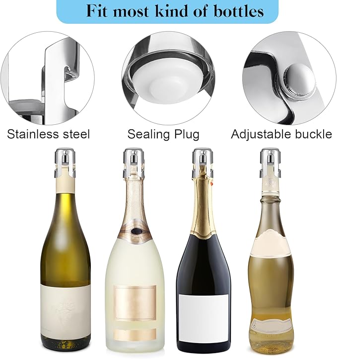 Tessco 24 Pcs Stainless Steel Champagne Stopper Reusable Bottle Sealer Wine Corker Champagne Cork Stopper with a Built in Sealing Plug Compact Champagne Saver Plug for Cava Prosecco (Silver)