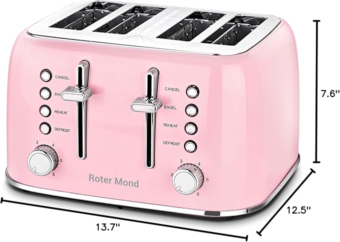 Roter Mond Toaster 4 Slice Retro Stainless Steel with Extra Wide Slots Bagel, Defrost, Reheat Function, Dual Independent Control Panel, Removable Crumb Tray, 6 Browning Levels, Pink