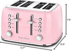 Roter Mond Toaster 4 Slice Retro Stainless Steel with Extra Wide Slots Bagel, Defrost, Reheat Function, Dual Independent Control Panel, Removable Crumb Tray, 6 Browning Levels, Pink